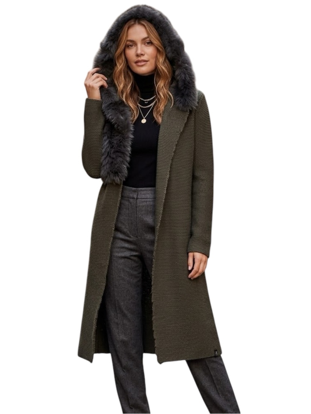 RUDSAK Olive Green Knit Longline Cardigan Real Fur Hood Duster Size Medium - Picture 16 of 16